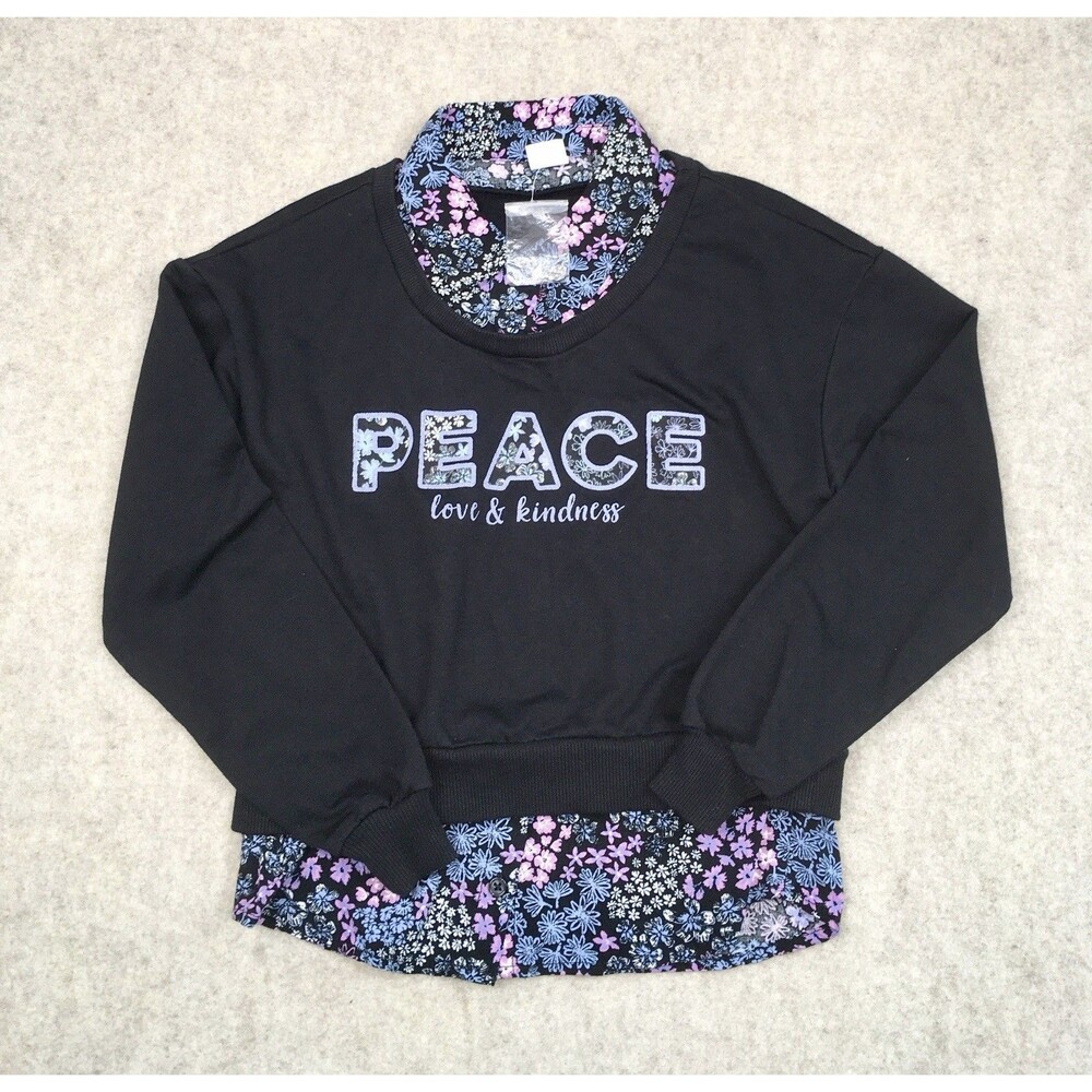 Evsie Girls XS Button Up Floral Shirt With Attached Peace Black Sweater NWOT